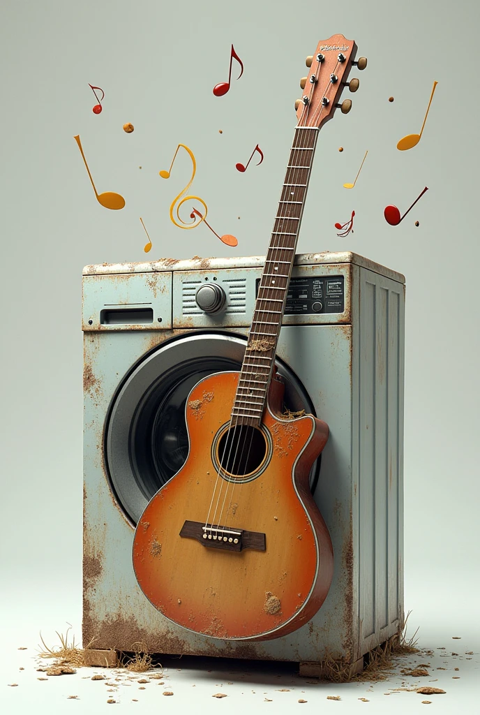 Washing machine with guitar strings and necks and guitar silhouette on the machine
