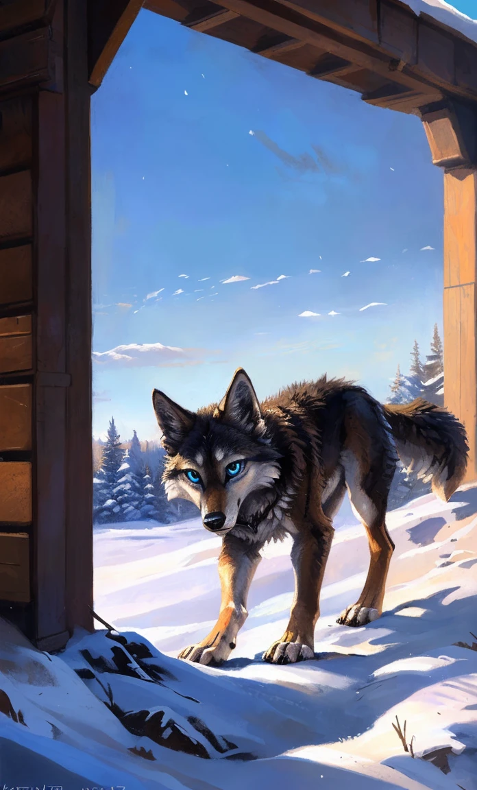 ((Solo)), male people, anthro wolf, (Multi-colored fur, White-brown:1.3，White tail pointed), (Height 2.1m,Tail length 1.2m), ((Wolf face, Big eyes, White eyelids, Blue pupil, Slim:1.2) (Tough, Calm expression:1.2)), Slim, pinging)), (Correct anatomy), (Winter clothing:1.1), The upper body  naked, (detailed outfits),A long big tail，Feet，(Realistic fur, Detailed fur texture, labeled:1.3)), (Natural lighting), Photorealistic, Hyperrealistic, ultradetailed, by Kenket，Snowfield，erect through，Running on