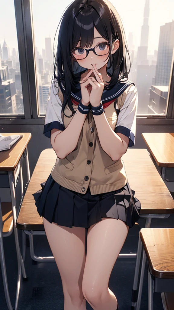 summer、empty classroom、thick、Sweat、、high school girl、Low length、、(((Long black hair:1.2 hair band)))(((Black-rimmed glasses:1.2 black eye)))、Backlight、evening、Nostalgic atmosphere、Look at this、High position、Full Body Shot、glamorous、Checked mini skirt、Navy knit vest、loafers、Skirt flip、Showing sexy panties、(Flip up your skirt with both hands)、avert your eyes、Plump thighs、Thin pubic hair、(((Front view))), Beautiful details, 16K, Absurd, masterpiece, Very detailed, beautiful girl,