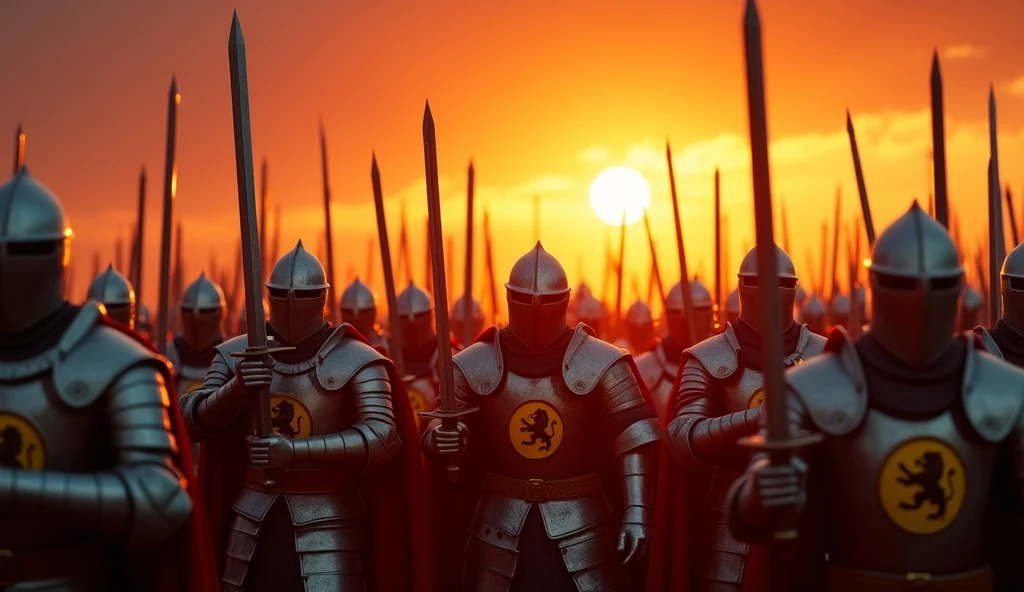 A highly realistic, high-contrast, 8K HD, detailed, hyper-detailed image of medieval knights from the provided image, marching forward with swords raised high in the glow of a fiery sunset. The knights, clad in steel armor with lion emblems on their tunics and helmets fully covering their faces, advance as one, their swords catching the warm, golden light of the setting sun. The sky is ablaze with vibrant hues of orange and red, casting a dramatic backdrop to the scene. The atmosphere is filled with determination and resolve, as the knights move forward with unwavering strength and unity. The image is of the highest quality, with ultra-high resolution, RAW photo quality, and Unreal Engine rendering, capturing the powerful and inspiring moment as the knights press on towards their destiny under the evening sky.
