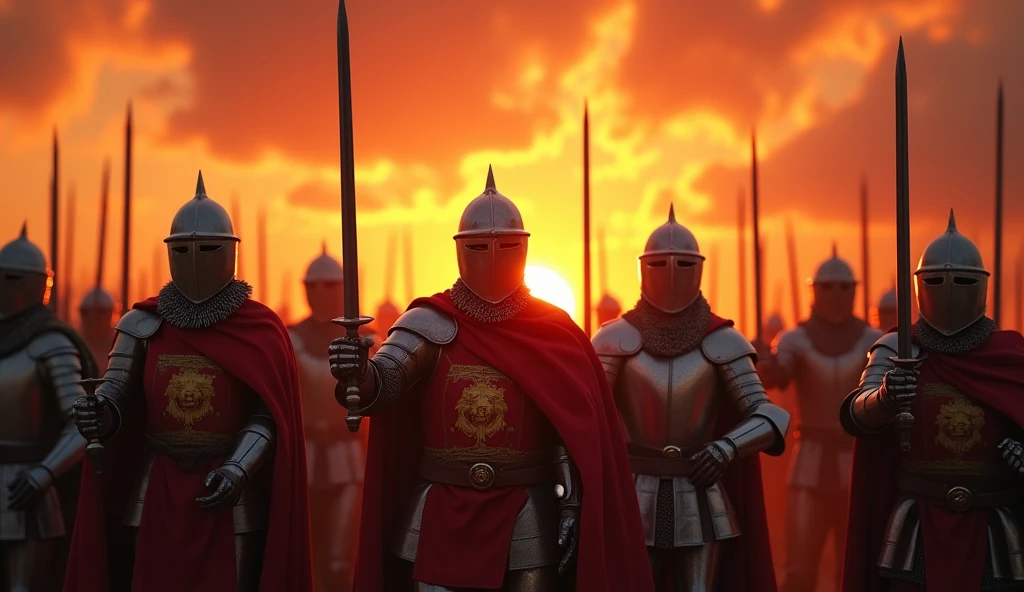 A highly realistic, high-contrast, 8K HD, detailed, hyper-detailed image of medieval knights from the provided image, marching forward with swords raised high in the glow of a fiery sunset. The knights, clad in steel armor with lion emblems on their tunics and helmets fully covering their faces, advance as one, their swords catching the warm, golden light of the setting sun. The sky is ablaze with vibrant hues of orange and red, casting a dramatic backdrop to the scene. The atmosphere is filled with determination and resolve, as the knights move forward with unwavering strength and unity. The image is of the highest quality, with ultra-high resolution, RAW photo quality, and Unreal Engine rendering, capturing the powerful and inspiring moment as the knights press on towards their destiny under the evening sky.