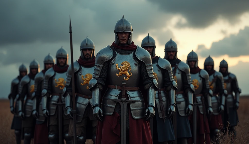 (A group of knights), (wearing medieval armor, each adorned with a prominent lion emblem on their chest), (standing together in formation, facing towards the viewer with intense and determined expressions). (The scene is set in a desolate, barren landscape at dusk, with the fading sunlight casting long shadows behind the knights). The sky is (overcast with dark clouds, adding to the ominous atmosphere). Each knight's armor is (meticulously detailed, reflecting the soft, dim light of the setting sun), and the lion emblem on their chest plates is (bold and distinct, a symbol of their unity and strength). The knights stand (shoulder to shoulder), their swords (sheathed at their sides), ready for the impending battle