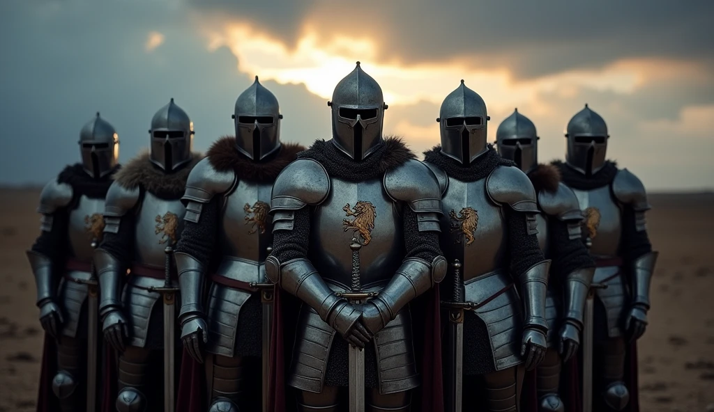 (A group of knights), (wearing medieval armor, each adorned with a prominent lion emblem on their chest), (standing together in formation, facing towards the viewer with intense and determined expressions). (The scene is set in a desolate, barren landscape at dusk, with the fading sunlight casting long shadows behind the knights). The sky is (overcast with dark clouds, adding to the ominous atmosphere). Each knight's armor is (meticulously detailed, reflecting the soft, dim light of the setting sun), and the lion emblem on their chest plates is (bold and distinct, a symbol of their unity and strength). The knights stand (shoulder to shoulder), their swords (sheathed at their sides), ready for the impending battle