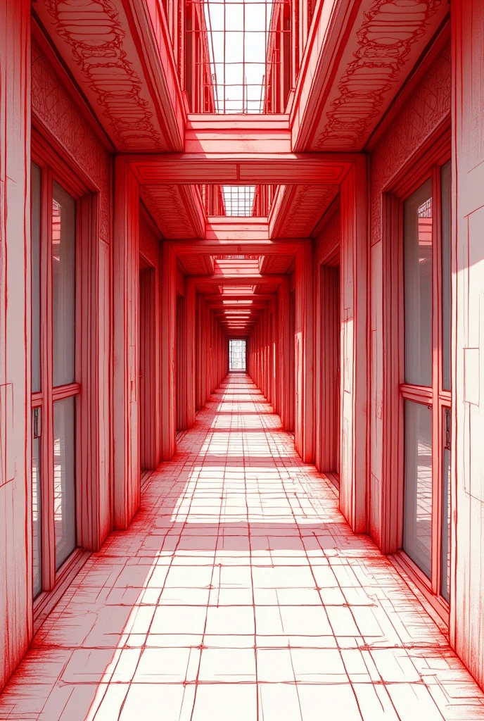 a thick red lineart sketch of an apartment building hallway, highly detailed, intricate, geometric lines, moody lighting, dramatic shadows, architectural elements, (best quality,4k,8k,highres,masterpiece:1.2),ultra-detailed,(realistic,photorealistic,photo-realistic:1.37)