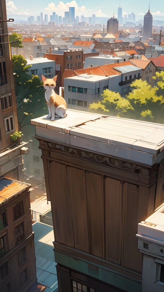 White and brown kitten looking at the city with buildings and trees from afar