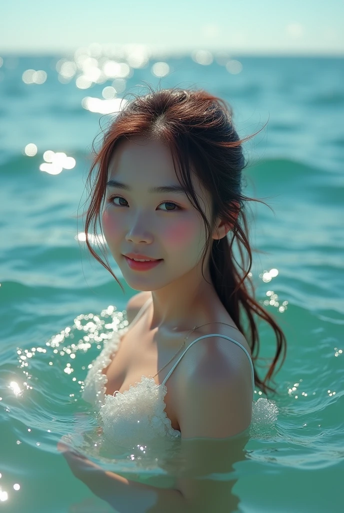 High resolution of a brown-haired Japanese woman swimming in the ocean with a shy smile inviting you to swim with her, masterpiece, Anatomically correct, Highest quality, High detail, Textured skin, Ultra-detailed, Cinematography, shiny sun light