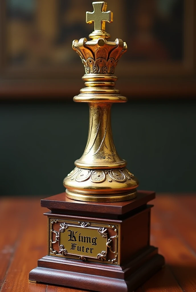 A trophy from a four-player chess championship that says KING FUTER