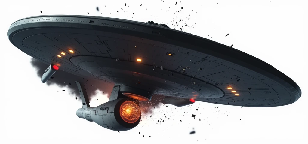 a massive star trek caught in a gravitino pull, rusted debris, massive explosion, cinematic dramatic lighting, hyperrealistic, 8k, photorealistic, highly detailed, volumetric lighting, cinematic camera angle, glowing plasma, sparks, shattered metal, ultra detailed hull textures, realistic physics simulation, stunning visual effects, dramatic sci-fi atmosphere
