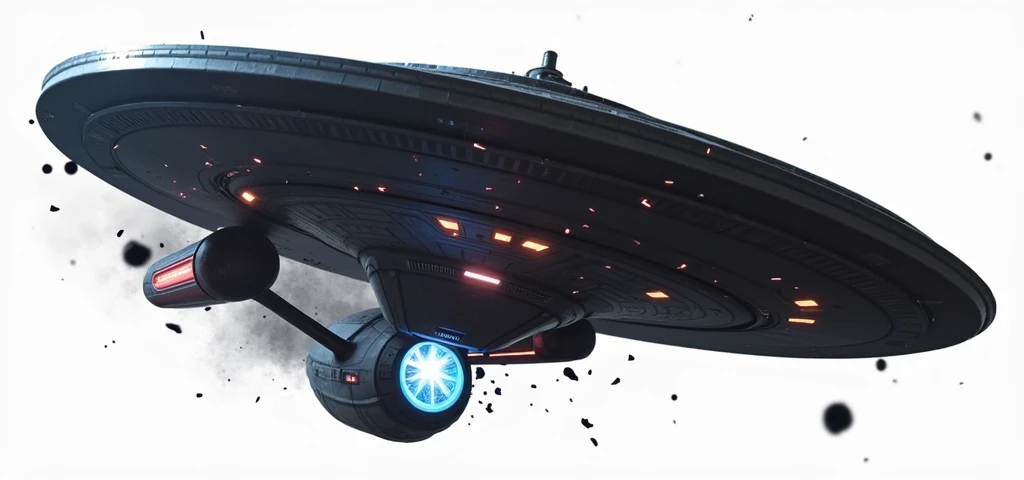 a massive star trek caught in a gravitino pull, rusted debris, massive explosion, cinematic dramatic lighting, hyperrealistic, 8k, photorealistic, highly detailed, volumetric lighting, cinematic camera angle, glowing plasma, sparks, shattered metal, ultra detailed hull textures, realistic physics simulation, stunning visual effects, dramatic sci-fi atmosphere