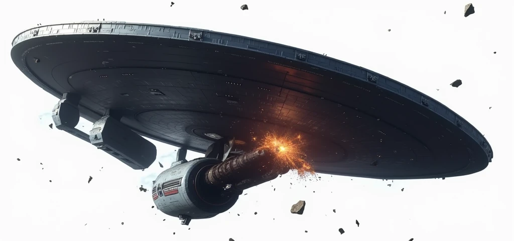 a massive star trek caught in a gravitino pull, rusted debris, massive explosion, cinematic dramatic lighting, hyperrealistic, 8k, photorealistic, highly detailed, volumetric lighting, cinematic camera angle, glowing plasma, sparks, shattered metal, ultra detailed hull textures, realistic physics simulation, stunning visual effects, dramatic sci-fi atmosphere