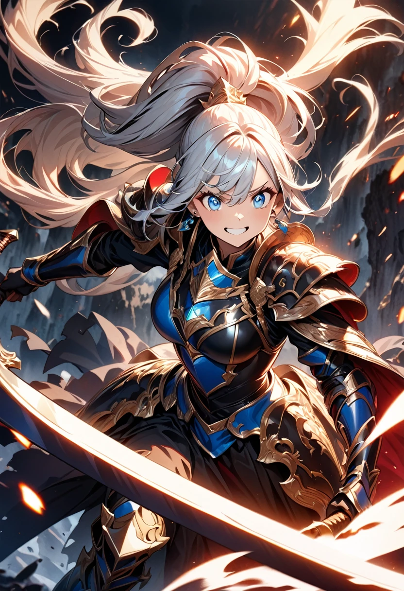 (Highest quality:1.2, Very detailed, up to date, Vibrant, Ultra-high resolution, High Contrast, masterpiece:1.2, Highest quality, Best aesthetics), (((1 person))), Woman wielding a large sword, Luxurious Armor, Flowing Hair, intense expression, Intense battle scenes, Dramatic lighting, Bright colors, Powerful strokes, Silver Hair, High Ponytail, Wavy Hair, blue eyes, jewelry, Earrings, (((Expression of fine eyes:1.2, Beautiful Skin, Detailed facial expressions))), Flowing Hair, (Crazy Smile, Sparkling eyes), Heroic figures, Detailed armor and weapons, Dynamic pose, War-torn landscape background