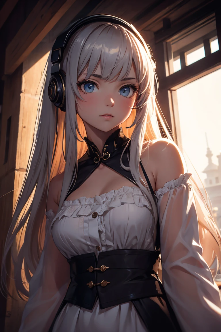 a stunning intricate portrait of a cute girl, manga style, epic character composition, by alessio albi and nina masic, soft focus, vertical portrait, natural lighting, f 2, 5 0 mm, classic chrome, film grain, cinematic lighting, ((masterpiece)), 8K, HDR, listenign to music, headphones,(very happy face), colorful