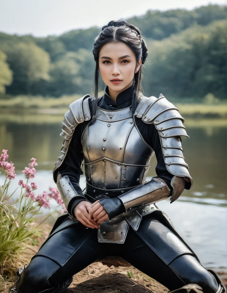 (medium shot, zoomed in upper body:1.3) (wuxia fantasy style:1.5) photo of a, (perfect teeth:1.3) horny strong 5 european woman with short straight angled black hair with grey parts, brown eyes, (tiny breasts:1.3), toned ass, (perfect hands:1.3). She is wearing (leather armor, pants and boots:1.1). She is sitting facing diagonal to camera, in a (gothic fantasy:1.3) lake with flowers and small mushrooms, evening, bright. detailed skin texture, detailed cloth texture, detailed face, (intricate sharp details:1.5), ultra high res