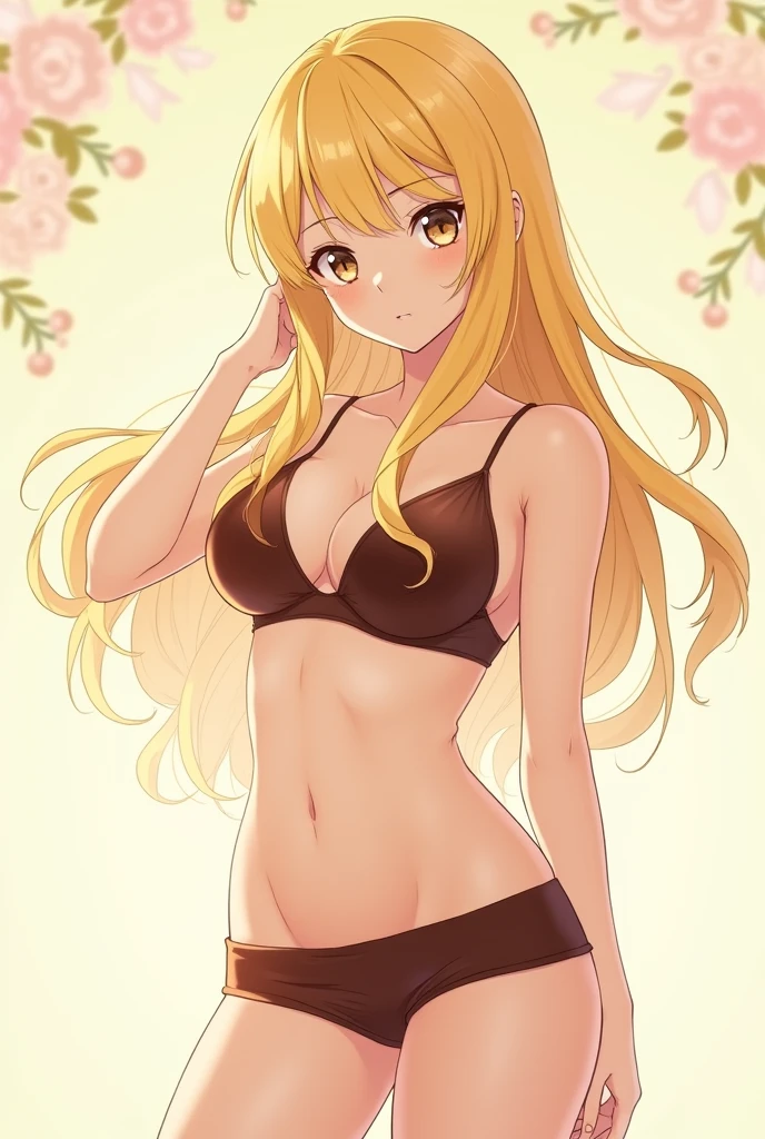 Anime blonde hair woman with brown bra and brown skirt full body