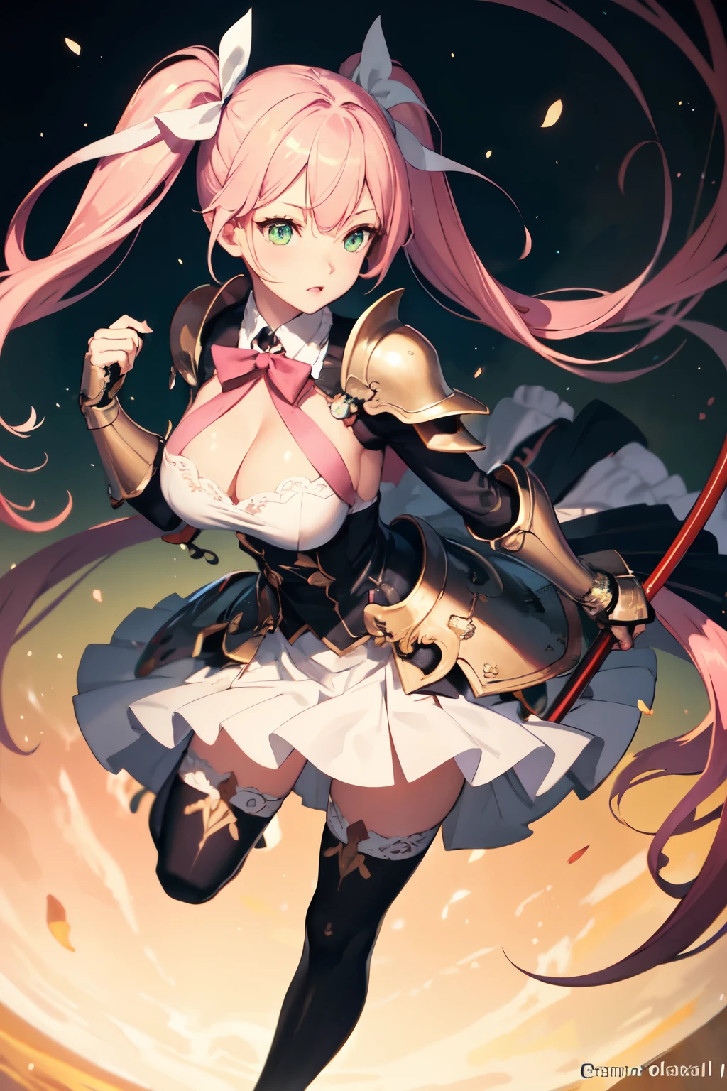 ((Highest quality)), ((masterpiece)), (detailed), One person, Pink Hair,Twin tails,Dress Armor,Green Eyes,Cane in both hands,Big Breasts,skirt,Thigh,ribbon