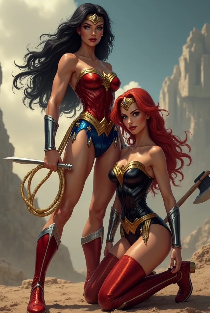 Two Wonder Women, one standing with long black hair in the original Wonder Woman outfit, holding gold lasso in her hand, athlete, muscular body, red knee high boots and silver bracelets, the other on her knees with long, red hair in a braid, athletic body, holding axe in her hand, a black jumpsuit and red thigh high boots with gold trim, silver bracelets, Wonder Woman diaema, bare shoulders, mature, sexy, elastic muscles, (muscles:1.2), ((strong and healthy body)), long legs, curves, (big breasts:1.3), thin waist, soft waist, (delicate skin), (beautiful and sexy woman), (swollen lips:0.9), (eyelashes:1.2), feminine, detailed body, (detailed face:1.1), perfect body, perfect anatomy, perfect details, perfect fingers, Perfect limbs, thigh gap, mature, sexy, thick thighs, wide buttocks. (shiny skin:1.2), (oily skin:1.2).