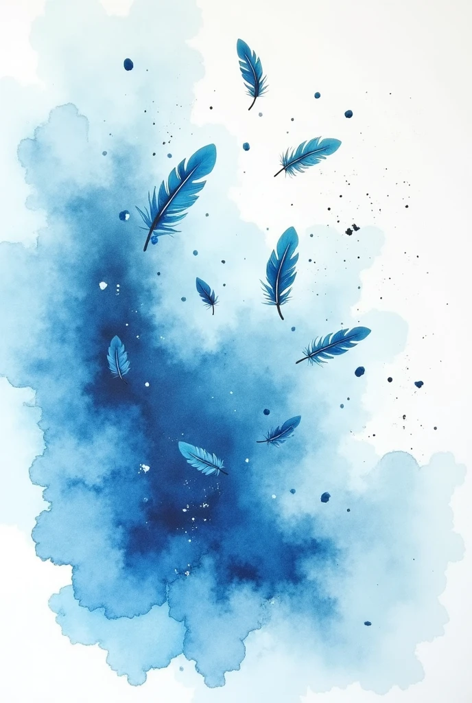 different shades of blue watercolour alcohol ink splash in the back ground with soft feathers falling