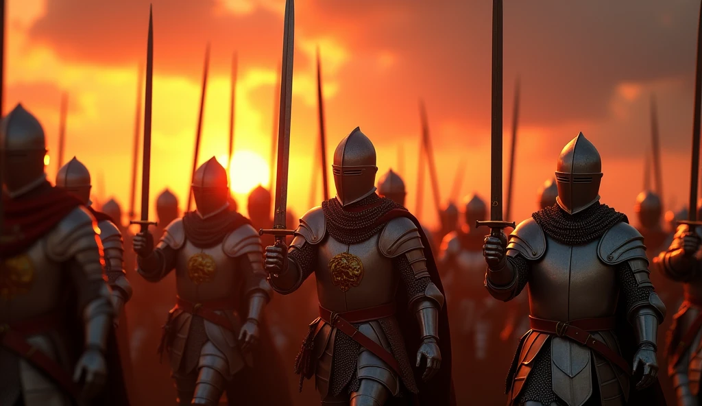 A highly realistic, high-contrast, 8K HD, detailed, hyper-detailed image of medieval knights from the provided image, marching forward with swords raised high in the glow of a fiery sunset. The knights, clad in steel armor with lion emblems on their tunics and helmets fully covering their faces, advance as one, their swords catching the warm, golden light of the setting sun. The sky is ablaze with vibrant hues of orange and red, casting a dramatic backdrop to the scene. The atmosphere is filled with determination and resolve, as the knights move forward with unwavering strength and unity. The image is of the highest quality, with ultra-high resolution, RAW photo quality, and Unreal Engine rendering, capturing the powerful and inspiring moment as the knights press on towards their destiny under the evening sky.
