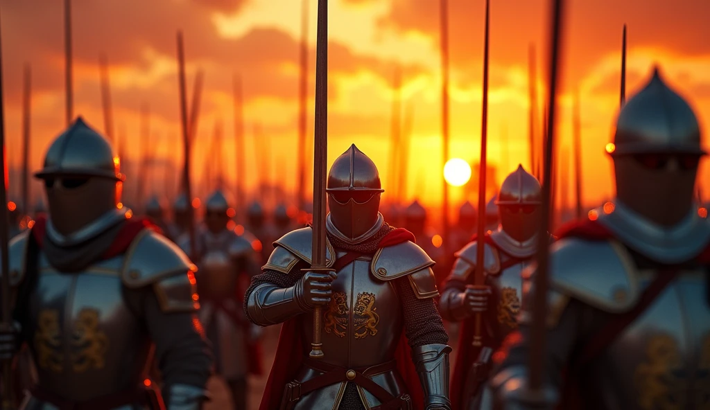 A highly realistic, high-contrast, 8K HD, detailed, hyper-detailed image of medieval knights from the provided image, marching forward with swords raised high in the glow of a fiery sunset. The knights, clad in steel armor with lion emblems on their tunics and helmets fully covering their faces, advance as one, their swords catching the warm, golden light of the setting sun. The sky is ablaze with vibrant hues of orange and red, casting a dramatic backdrop to the scene. The atmosphere is filled with determination and resolve, as the knights move forward with unwavering strength and unity. The image is of the highest quality, with ultra-high resolution, RAW photo quality, and Unreal Engine rendering, capturing the powerful and inspiring moment as the knights press on towards their destiny under the evening sky.