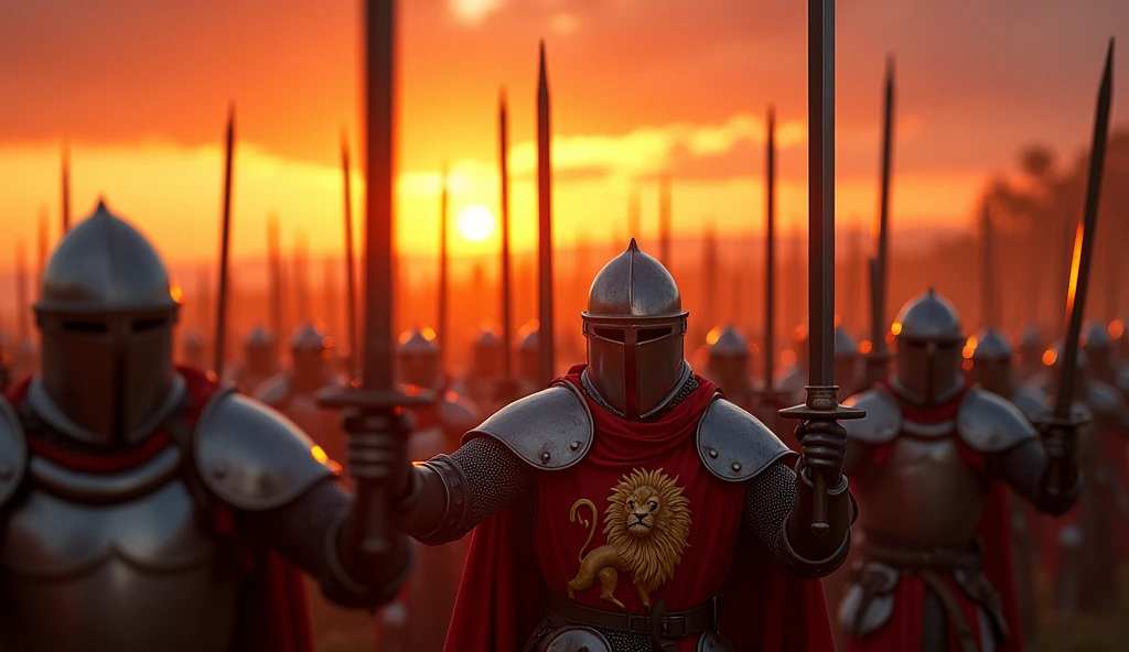 A highly realistic, high-contrast, 8K HD, detailed, hyper-detailed image of medieval knights from the provided image, marching forward with swords raised high in the glow of a fiery sunset. The knights, clad in steel armor with lion emblems on their tunics and helmets fully covering their faces, advance as one, their swords catching the warm, golden light of the setting sun. The sky is ablaze with vibrant hues of orange and red, casting a dramatic backdrop to the scene. The atmosphere is filled with determination and resolve, as the knights move forward with unwavering strength and unity. The image is of the highest quality, with ultra-high resolution, RAW photo quality, and Unreal Engine rendering, capturing the powerful and inspiring moment as the knights press on towards their destiny under the evening sky.