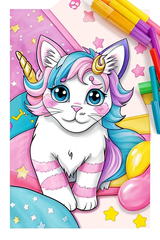 cartoon character of a cat and unicorn mixed animal coloring book style black and white