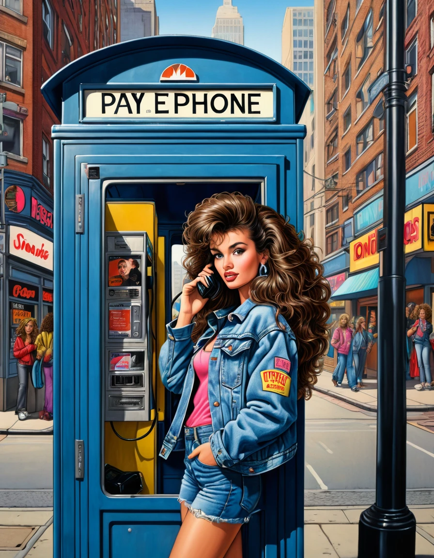 a picture of the 80s girl with 80s brunette big hair style, wears 80 denim jackets, is talking in the iconic 80s street side pay phone booth with urban 80s town scene in background, insanely detailed and intricat, Don Lawrence style