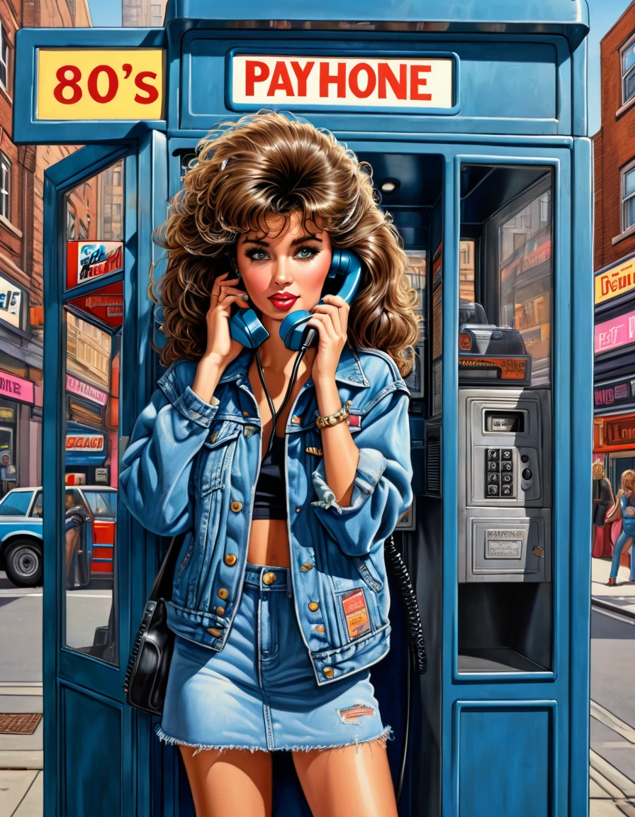 a picture of the 80s girl with 80s brunette big hair style, wears 80 denim jackets, is talking in the iconic 80s street side pay phone booth with urban 80s town scene in background, insanely detailed and intricat, Don Lawrence style