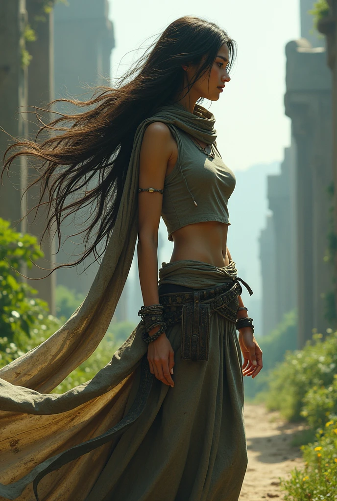 highly detailed, intricate, masterwork, random view angle, skinny female warrior, confidence, lost in thoughts, fantasy futuristic mixed setting, extremely long voluminous hair, long scarf, crop tank, low-rise maxi skirts, very strong directional wind, old abandoned overgrown ruins