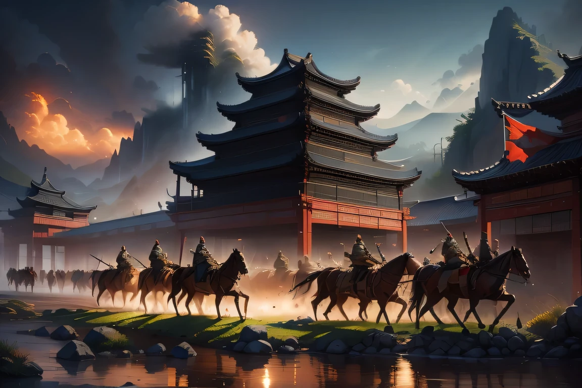masterpiece，Highest quality，Multiple people，Ancient soldiers，rail，downpour，night，Long Gun，knife，arms，，flag，horse，smog，Mont，Marshland