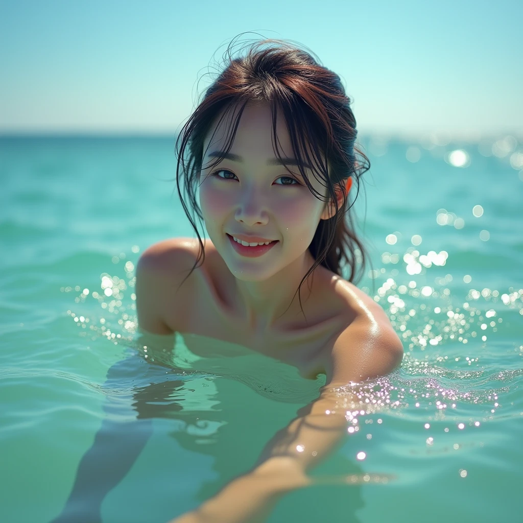 A beautiful Japanese girl is swimming in a fantastic blue sea　Completely naked　Detailed and perfect clavicle　Detailed and beautiful nipples　complex colored brown hair　delicate hair　beautiful eyes like a dream　attractive lips　looking at the camera　Lonely smile　smooth soft skin　Beautiful coral reefs　tropical fish　Curtain of Light