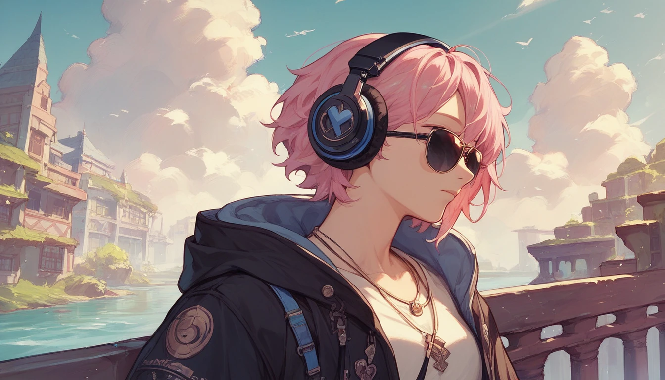 scenery in shades of light pink and light blue, art of a very detailed girl with slanted eyes, pink hair and headphones around her neck, fantasy anime