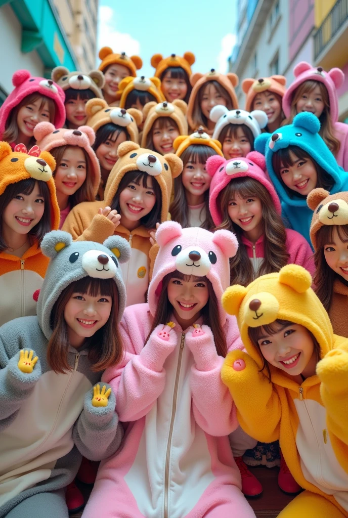 An idol group of 48 cute Japanese high school girls wearing bear costumes、Group photo of everyone。
