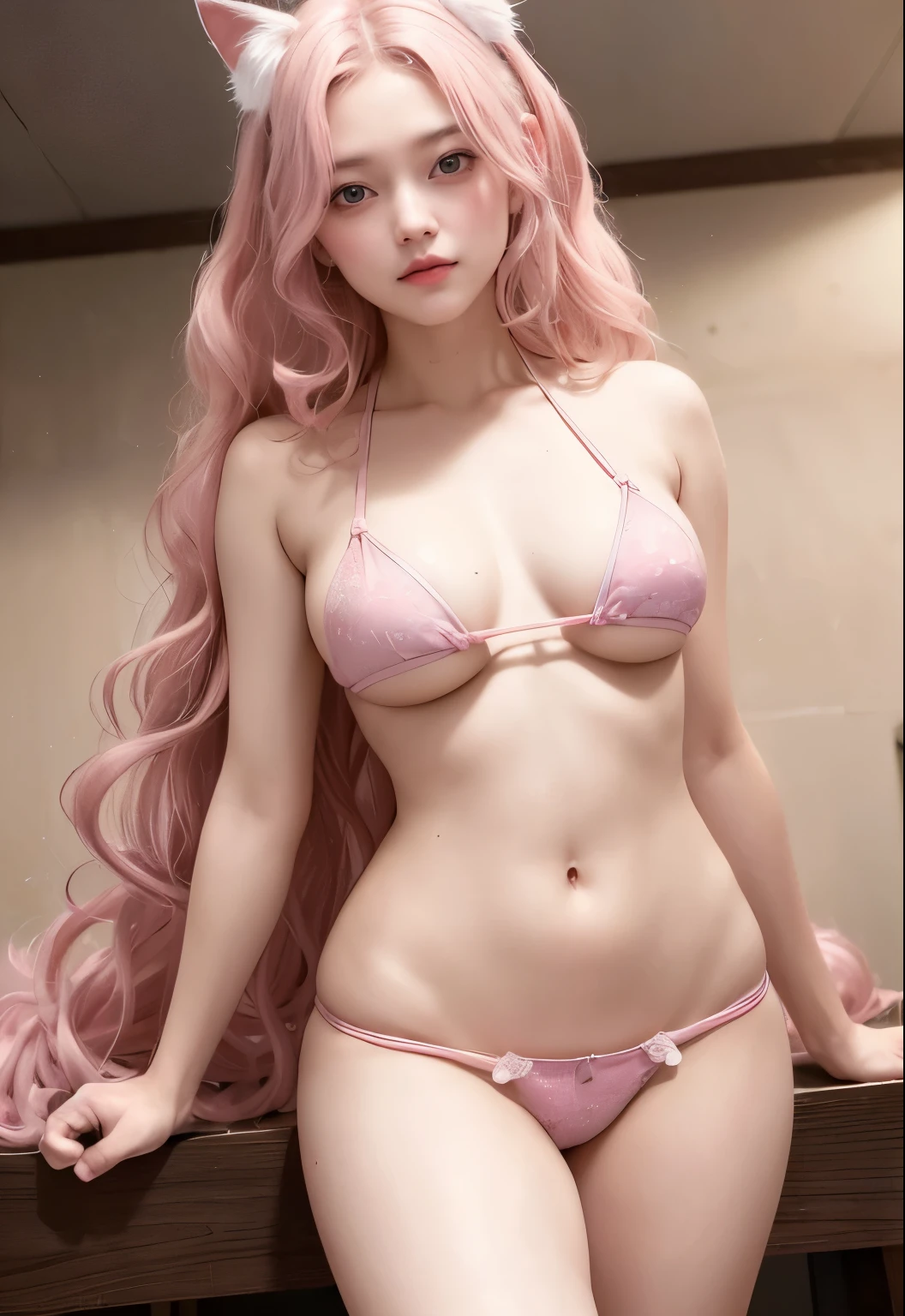 In the toilet,the bestquality、high resolution、Eleonora Pavinato, , young,Long blond waves,blond hair, Sendada Nlakama.(masterpiece, the best_quality, Extremely detailed, 8K, Ultra HD, Flawless:1.Latin Pin色Lace,Pink bikini,Catwoman,, Cat ears, Glowing pink eyes,Large, shy person, compliance, blush, Moist oily skin, , Plum Blossom's Wife,bow , Large粗腿, Beautiful hip curve, 巨Large的, Thickness, Firming skin, Scantily clad, Lace, collar, Facing the audience, , bathroom, midnight, Sexy,,Japanese Goddess, Cardigan Shirt,high resolution, Real short hair, Blonde, Blonde woman, Skin texture details, super high resolution, Practical, Full figure, Smile, Beautiful expression, small purple hair Airy long Blonde hair, Holy, The skin texture is very fine and delicate, (Ancient luxurious temple), Priestess, Big cleavage, low-cut neckline, Big red lips ,