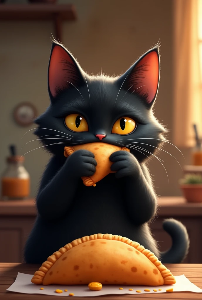 Advertising image of a black cat eating empanadas