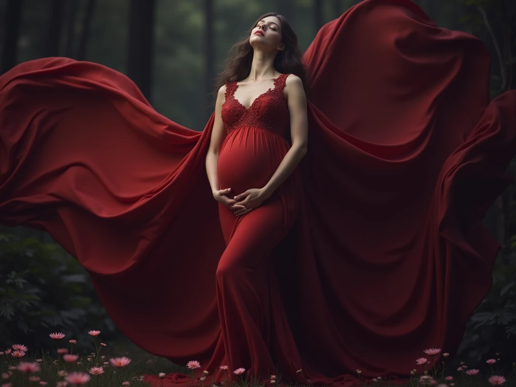 a pregnant woman in a dress standing in a field of flowers, very beautiful long slim legs, red gown, elegant glamourous cosplay, delicate ex embellishments, in deep forest hungle, aphrodite goddess of love, extremely pale, ballet, , asian girl