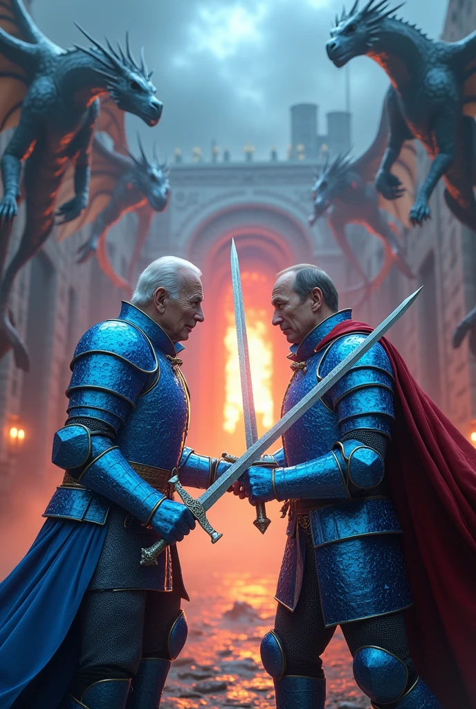 (photorealism:1.2), Putin and Biden is in medieval Europe, fighting in blue diamond armor from minecraft, using diamond swords, portal in hell on the back, dragons in the air, both have angry faces