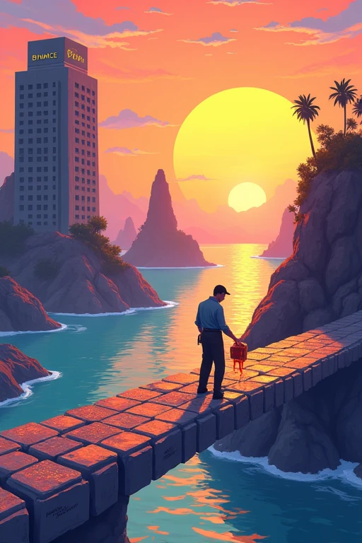 Illustration of CZ building a bridge made of blockchain cubes. One end of the bridge starts at a building labeled 'RRM - Long Beach', the other end reaches towards floating islands representing DeFi, AI, and Biotech. CZ is placing educational blocks labeled 'Giggle Academy' along the bridge. In the background, a rising sun forms the Binance logo. Use a gradient from prison gray to vibrant tech colors.