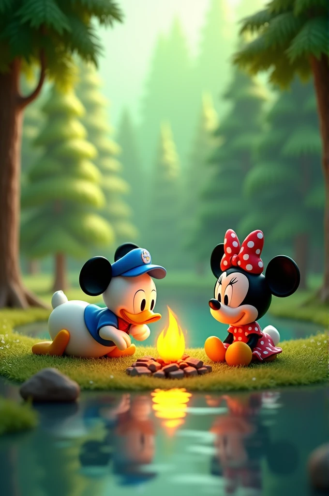 Lime green Minnie mouse background, with lake, trees and minnie mouse and donald duck camping. by a bonfire