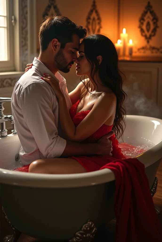Romantic bathtub scene for book cover, A handsome man in damp white shirt, a sexy woman in wet red gown in water, lying in a bathtub.