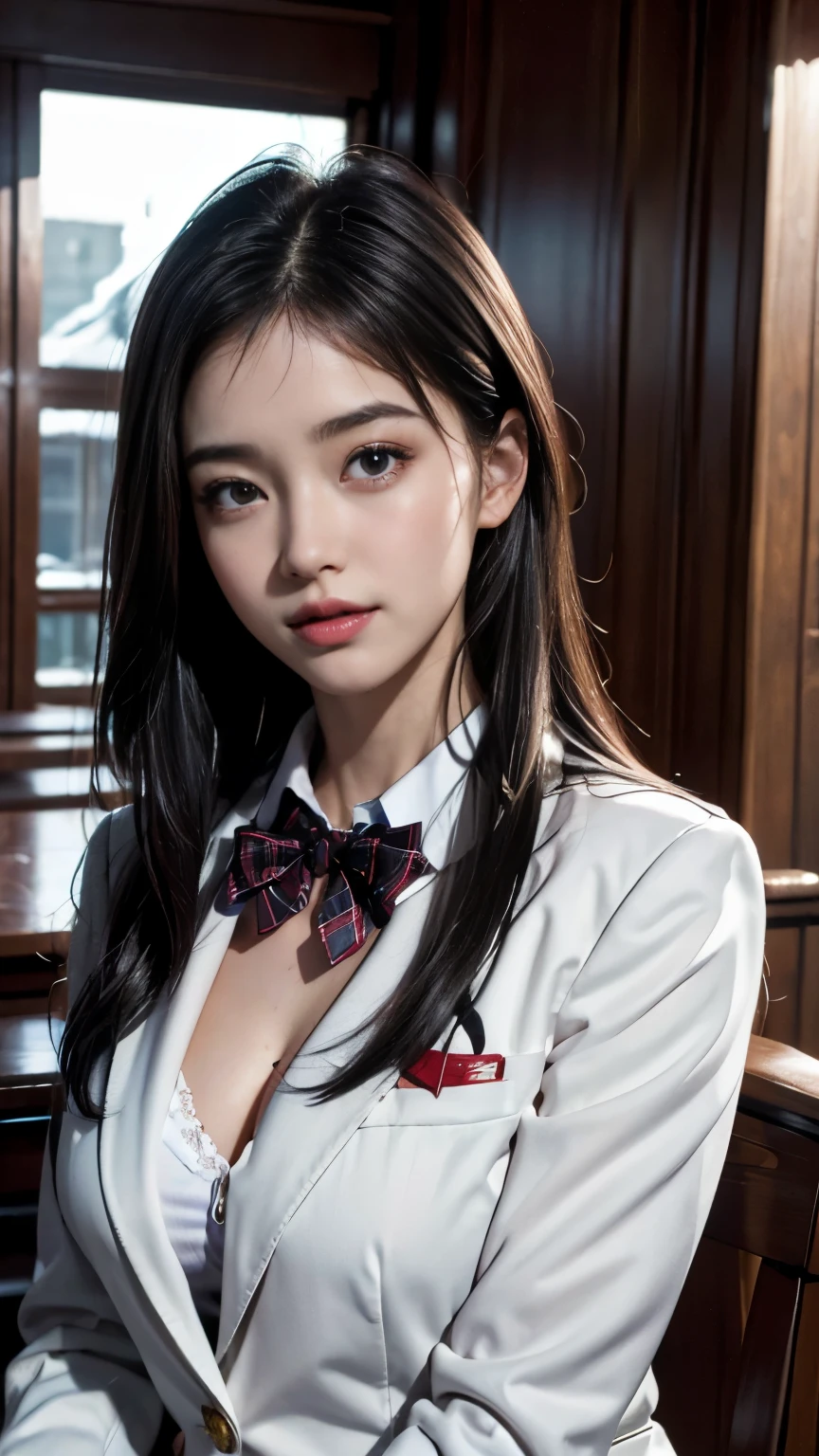 (close up:1.2), Realistic, High resolution, Soft Light,1 female, alone, jewelry, Current school classroom,Biggest eyes,Low chest, Long Hair、((Farbe々Farbeのついた髪))(超Realistic)、(Consciousness upward)、(High resolution)、(8k)、(Very used to it)、(Best illustrations)、(Beautiful and beautiful eyes)、(highest quality),(Detailed face)、alone、1 girl、Looking at the audience、Get used to it、Detailed face、In the dark night、Deep Shadow、secret key、Pure erotic face ace_、length、Black shawl straight hair、46 point diagonal bangs,Female student、(White Blazer、Chest emblem)、Translucent white blouse、Red bow tie、( 明るいFarbeで,Plaid)、,8k, highest quality, 超High resolution, Tabletop, Realistic, Realistic, High Contrast, Photon Mapping, The true picture, smile