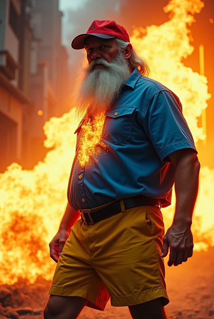 White beard blue shirt on fire yellow shorts red hat free fire