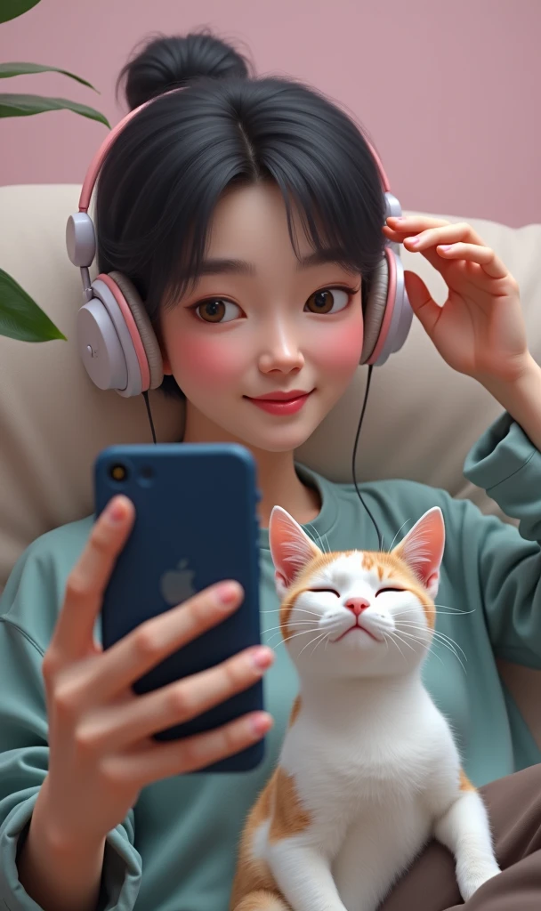 He listening music in head phone with her cat