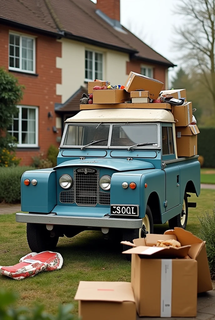 a blue vintage land rover packed with removal boxes and possessions. The land rover is parked outside an english house with a real estate agents sold sign in the garden. There are some open boxes on the floor.