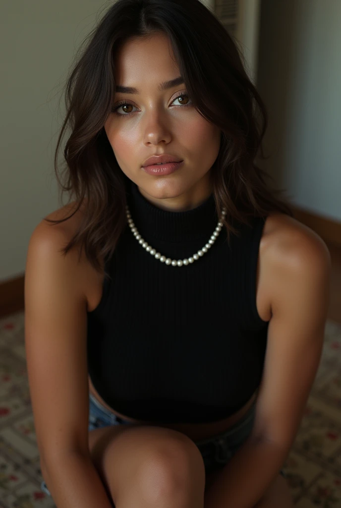 (retro woman, Georgian, 22yo, captivating:0.9), Chocolate Brown Classic pixie, (Chain earrings, Striped turtleneck sweater:0.8), sturdy body, Light skin, pout, soft girl, (radiant god rays:1.1), (dynamic, lens flare:0.9), (shot on Hasselblad X1D II:1.3)
