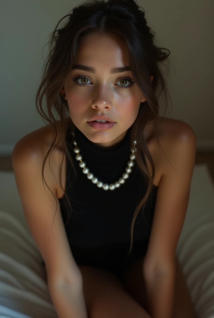 1 girl kneeling pose, beautiful detailed eyes, beautiful detailed lips, extremely detailed face and eyes, long eyelashes, chubby figure, 1, fair skin, professional makeup, pearl necklace, black turtleneck sleeveless, shoulders, arms, indoor soft lighting, rich details, (best quality,4k,8k,highres,masterpiece:1.2),ultra-detailed,(realistic,photorealistic,photo-realistic:1.37),HDR,UHD,studio lighting,ultra-fine painting,sharp focus,physically-based rendering,extreme detail description,professional,vivid colors,bokeh,portrait