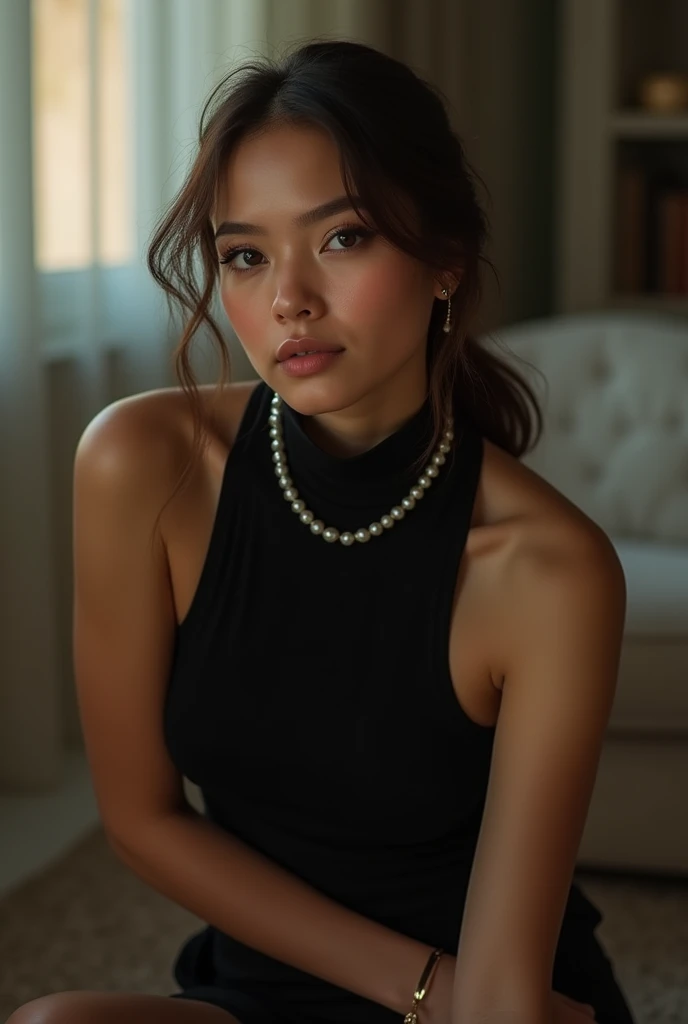 1 girl kneeling pose, beautiful detailed eyes, beautiful detailed lips, extremely detailed face and eyes, long eyelashes, chubby figure, 1, fair skin, professional makeup, pearl necklace, black turtleneck sleeveless, shoulders, arms, indoor soft lighting, rich details, (best quality,4k,8k,highres,masterpiece:1.2),ultra-detailed,(realistic,photorealistic,photo-realistic:1.37),HDR,UHD,studio lighting,ultra-fine painting,sharp focus,physically-based rendering,extreme detail description,professional,vivid colors,bokeh,portrait