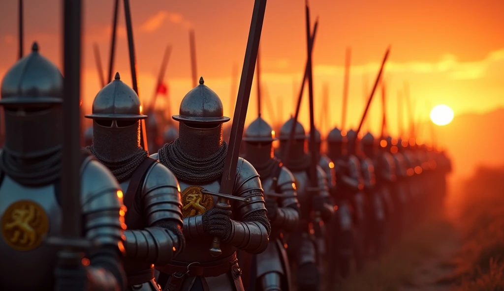 A highly realistic, high-contrast, 8K HD, detailed, hyper-detailed image of medieval knights from the provided image, marching forward with swords raised high in the glow of a fiery sunset. The knights, clad in steel armor with lion emblems on their tunics and helmets fully covering their faces, advance as one, their swords catching the warm, golden light of the setting sun. The sky is ablaze with vibrant hues of orange and red, casting a dramatic backdrop to the scene. The atmosphere is filled with determination and resolve, as the knights move forward with unwavering strength and unity. The image is of the highest quality, with ultra-high resolution, RAW photo quality, and Unreal Engine rendering, capturing the powerful and inspiring moment as the knights press on towards their destiny under the evening sky.
