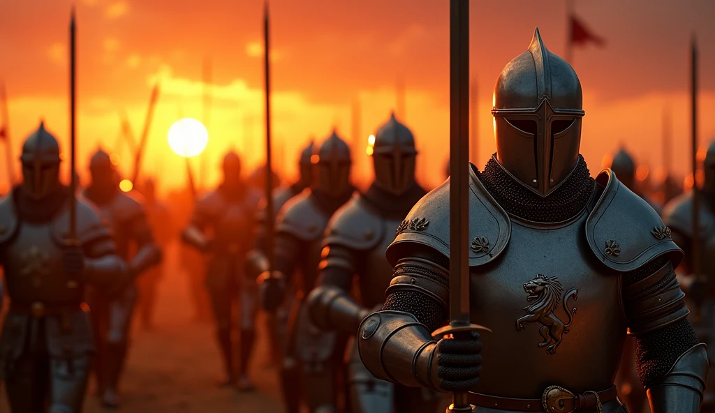 A highly realistic, high-contrast, 8K HD, detailed, hyper-detailed image of medieval knights from the provided image, marching forward with swords raised high in the glow of a fiery sunset. The knights, clad in steel armor with lion emblems on their tunics and helmets fully covering their faces, advance as one, their swords catching the warm, golden light of the setting sun. The sky is ablaze with vibrant hues of orange and red, casting a dramatic backdrop to the scene. The atmosphere is filled with determination and resolve, as the knights move forward with unwavering strength and unity. The image is of the highest quality, with ultra-high resolution, RAW photo quality, and Unreal Engine rendering, capturing the powerful and inspiring moment as the knights press on towards their destiny under the evening sky.
