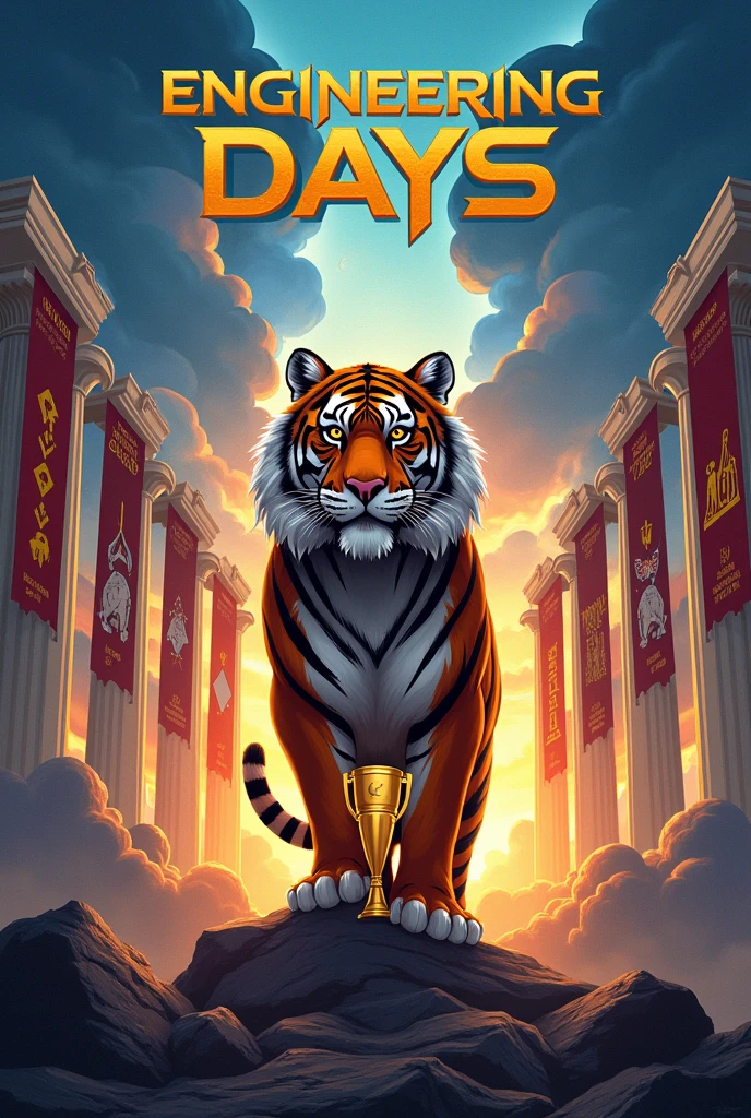 Pubmat for Engineering Days 2024
- Theme of the Poster: Percy Jackson and the Olympians
- Title Text in the Center: E-Days 2024-2025 (font type should be the same as percy jackson poster) 
- use tiger and trophy as elements
- showcase the six departments and their logos through banners that are giving olympian vibes:
1. Chemical Engineering
2. civil engineering
3. Computer engineering
4. Electrical engineering
5. Electronics engineering
6. Mechanical Engineering

MUST GIVE OFF PERCY JACKSON AND THE OLYMPIANS VIBED