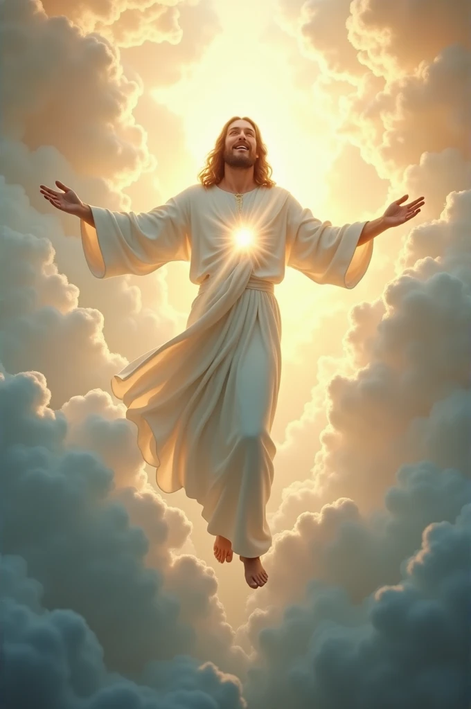 Jesus Christ descending from heaven all in white, 8k image and YouTube banner format